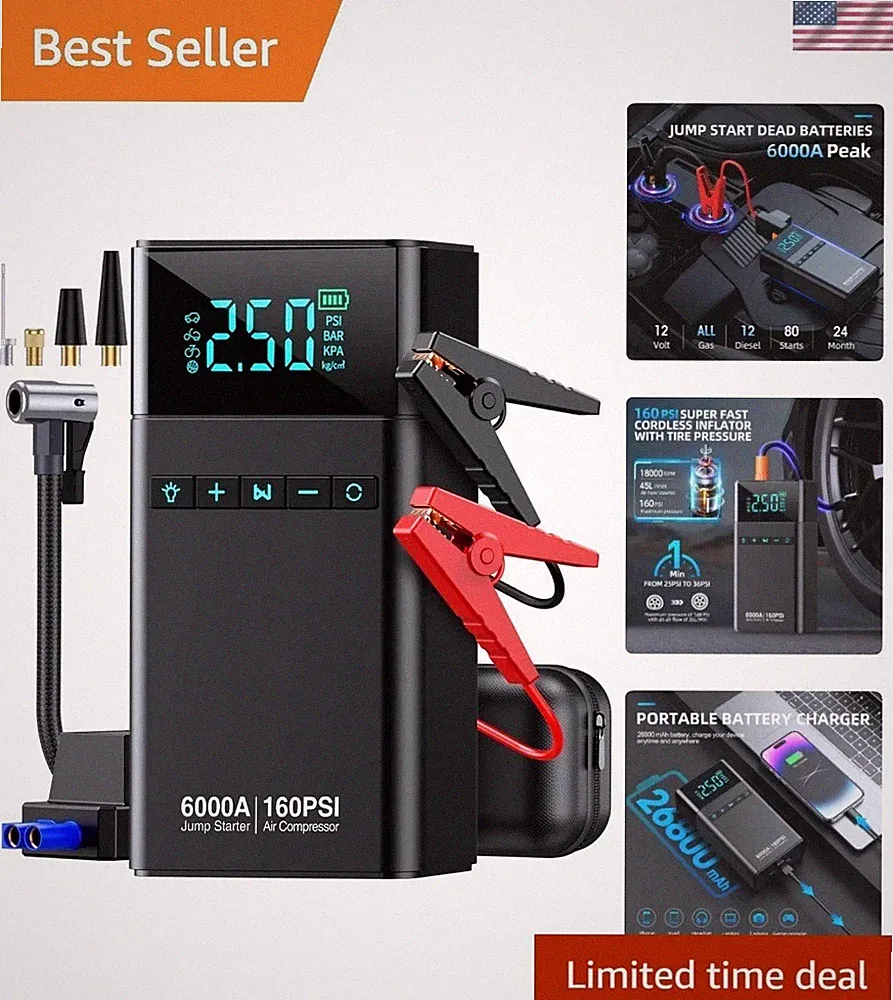 10-in-1 Portable Car Battery Jump Starter with Air Compressor, 6000A 160PSI P...