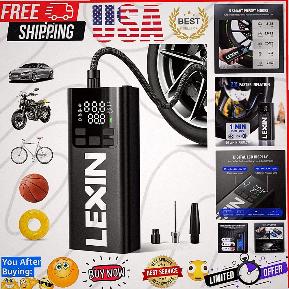 P5 Tire Inflator Portable Air Compressor, 150PSI Electric Air Pump for Car Ti...