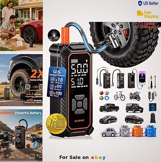 Tire Inflator Portable Air Compressor 150PSI Cordless Dual Power 6000mAh 12V DC